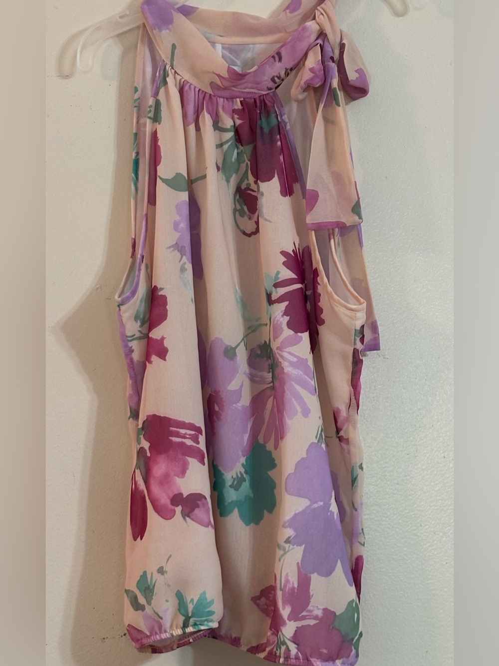 Sweet Pea Pink Floral One-Shoulder Tie-Neck Blouse